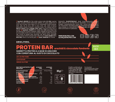 Etichetta e valori nutrizionali Protein Bar arachidi e cioccolato fondente.