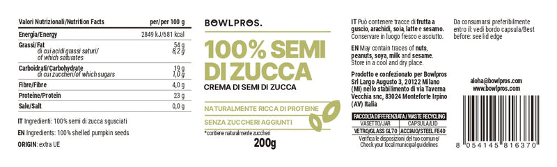Etichetta e Valori nutrizionali Crema 100% semi di zucca Bowlpros