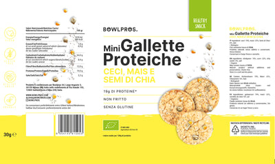 Etichetta e valori nutrizionali delle nuove gallette proteiche ai ceci, mais e semi di chia.