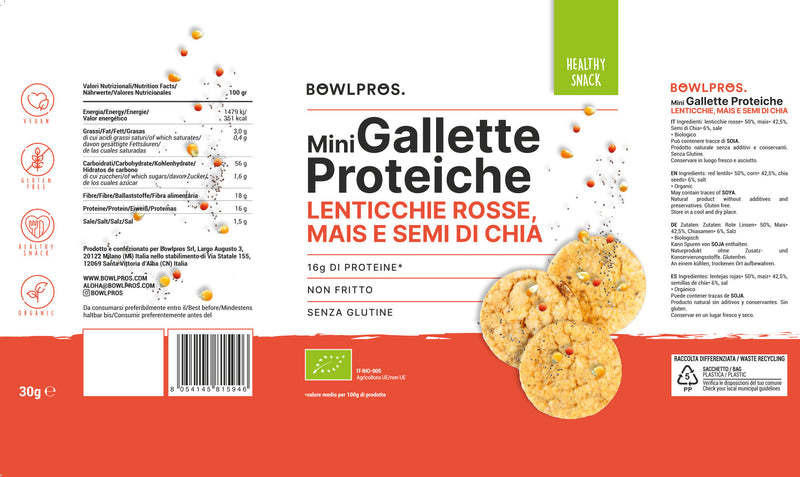 Etichetta e valori nutrizionali delle nuove gallette proteiche alle lenticchie rosse, mais e semi di chia.