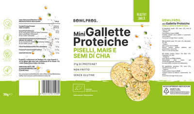 Etichette e valori nutrizionali delle nuove gallette proteiche ai piselli, mais e semi di chia.