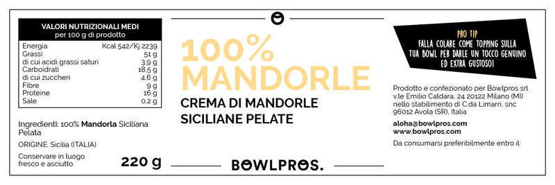 100% Sicilian Peeled Almonds Cream label